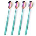 Rainbow Texture Long Handle Spoons, YFWOOD 9.1-Inch Cocktail Mixing Spoons, Coffee Spoons, Ice Cream Spoons, Premium18/10 Stainless Steel Iced Tea Spoons - Set of 4