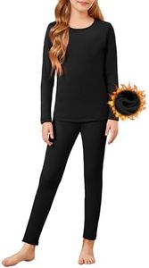 Arshiner Girls Thermal Underwear Set Long Johns Fleece Lined Kids Base Layer Top Bottom Warm Winter Black 9-10 Years