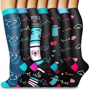 7 Pairs Graduated Compression Socks Women and Men Circulation 20-30 mmHg, Compression Stockings for Support Running Nurse Travel (Nurse Stethoscope, S/M)