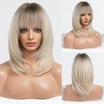 Alanhair Ombre Blonde Wigs for Women,HAIRCUBE Shoulder-Length Layered Wigs with Bangs Heat Resistant Synthetic Wigs for Daily Party Use