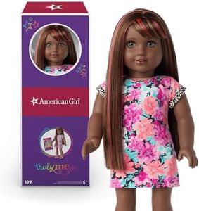 American Girl Truly Me 18-Inch Doll 109 with Gray Eyes, Straight Dark-Brown Hair with Bangs, Caramel and Pink Highlights, Very Deep Skin with Neutral Undertones, Floral Printed T-Shirt Dress