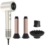 PARWIN PRO BEAUTY Air-Sonic Hair Dryer with Diffuser, HD-LED Display & 110, 000 RPM High Speed Ionic Blow Dryer, 1 1/4 Inch Left & Right Air Auto-Wrap Curlers, Champagne Silver Professional Version