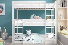 Triple Bed Bunk Beds, 3ft Triple Bunk Loft Bed, Triple Sleeper Bunk Bed for Kids, Solid Pine Wooden 3 Bed Bunk Bed, Three Bunk Bed Frame for Kids Children Adults (White, L197 cm x W96 cm x H198 cm)