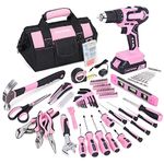 FASTPRO Pink Tool Set, 221-Piece Lady's Home Repairing Tool Kit with Cordless 20V Lithium-ion Drill Driver,12-Inch Wide Mouth Open Storage Tool Bag