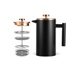 MaxMiuly Small Cafetiere 1 Cup Stainless Steel French Press Coffee Maker Double Wall Insulated Coffee Press 350ml/12oz with 2 Filter Mesh Black Cafetiere Coffee Pot Rose Gold Lid