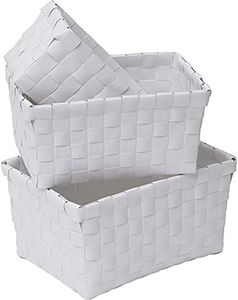 EVIDECO French Home Goods Checkered Woven Strap Storage Baskets Totes Set of 3 White