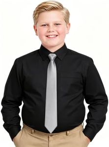 DIARY SHOW Boys Stretch Long Sleeve Dress Shirt with Tie, Black Plus 18 | Kids Button Down Formal Shirt with Chest Pocket, Breathable Wrinkle Resistant, for Daily Wear & Formal Occasions