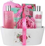 English Rose Spa Gift Set By Lovestee - Bath and Body Gift Basket, Gift Box, Includes English Rose Shower Gel, Sensual Body, Lotion, Hand Lotion, Bath Salt, Bath-Body Sponge and EVA Sponge