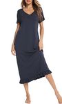 Vlazom Women's Long Nightgown V Neck Sleep Shirt Nightdress Jersey Nightshirt for Loungwear Sleepwear, A-Navy, L