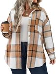 IN'VOLAND Women's Plus Size Plaid Shacket Long Sleeve Button Down Flannel Shirts Casual Jacket Coats Apricot