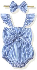 Renotemy Toddler Baby Girls Clothes Summer Short Sleeve Romper Cotton One-Piece Baby Clothes Girl 6-12 Months Halter Blue Stripe