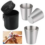 PERFETSELL 4 Pcs 30ml Stainless Steel Cup Food Grade Metal Tumblers Camping Drinking Glasses Mug Mini Portable Shot Glasses Set with Black Leather Bag for Hiking Picnic Camping Travel, BPA Free