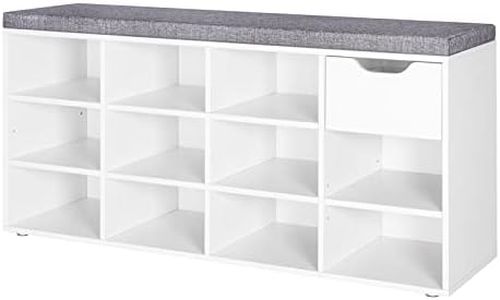 DINZI LVJ Shoe Bench, Entryway Storage Bench with Drawer and 11 Cubbies, Cubby Shoe Rack with Adjustable Shelves, Shoe Organizer Cabinet for Living Room, Bedroom, Mudroom, Closet and Garage, White