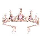 Vofler Rose Gold Tiara Crown with Pink Crystal - Baroque Vintage Clear Rhinestone Headband for Women Queen Lady Girl Bride Princess Birthday Wedding Pageant Prom Halloween Costume Party with Comb