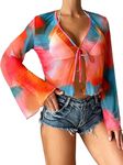 Milumia Women's Mesh Knot Front Tie Dye Long Sleeve Lettuce Trim Crop Tee Tops, Tie Dye Orange, Large