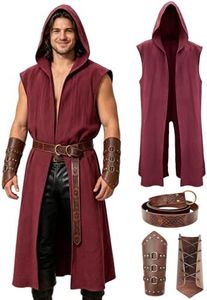 Verceco Men’s Renaissance Costume Set – Medieval/Renaissance Costume for Men with Hooded Surcoat, Leather Belt & Bracers (Wine Red, XXL)