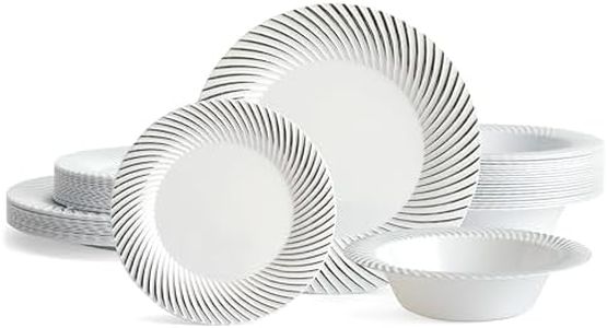 MATANA 96 Pcs Assiettes & Bols en Plastique Blanc avec Bordure Argentée – 32 Assiettes Plates, 32 Assiettes à Dessert, 32 Bols – Vaisselle de Fête Élégant & Réutilisable pour Fêtes, Mariages