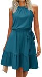 Newshows Women's 2025 Summer Dress Halter Casual Beach Vacation Outfits Hawaiian Dresses Ruffle Belted Sundress with Pockets(Teal Blue, S)