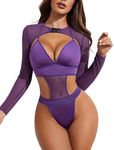 SSoShHub Women Lingerie Set Lace Teddy Strap Babydoll Bodysuit Bikini with Flair Top Gown Floral Snap Crotch Purple