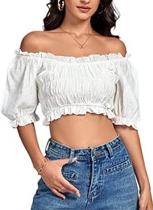 LYANER Women's Off Shoulder Ruffle Trim Ruched Short Sleeve Blouse Crop Top, White, Medium