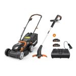 Worx Twin Pack Cordless Lawnmower and String Grass Trimmer Combo Kit Set WG927E with PowerShare Battery and Charger - Efficient, Eco-friendly, and Adjustable Cutting Heights for Perfect Lawn Care