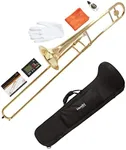 Mendini by Cecilio Trombone Kit - Bb Tenor Brass Instruments for Kids, Beginners w/Case & Gloves