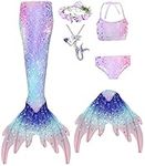 Zentaifan 6Pcs Mermaid Tail Swimsuit with Monofin for Mermaid Tail Swimming Girl 3-12 Years Old(Pattern Eight,11-12Years)