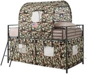 Coaster Furniture Kids Twin Size Loft Bed Camouflage Tent Metal Frame Guardrails Ladder Army Green Fabric 460331