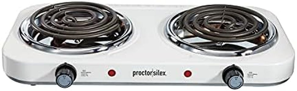 Proctor Silex Electric Stove, Double Burner Cooktop, Compact and Portable, Adjustable Temperature Double Hot Plate, 1700 Watts, White & Stainless (34116)