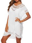 Women Swimsuit Cover Ups Beachwear Hollow Out V-Neck Short Sleeve Crochet Dress Bikini Swimsuit (A-White, One Size)