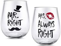 Mr Right Wine Couple Glasses, 14 oz Trunkless Crystal Wine Glass Cup Set, Wedding Cups for Bride and Groom for Couples, Anniversary, Engagement, Christmas, Valentine's Day