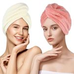 2 Pack Microfiber Hair Towel, Hair Plopping Towel Curly, Soft and Absorbent Hair Towel Wrap with Double Buttons, Hair Drying Towels for Women Anti Frizz to Dry Hair Fast (Beige&Light Pink)