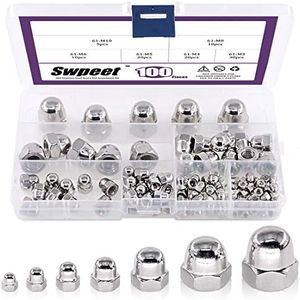 Swpeet 100Pcs 304 Stainless Steel Serrated Metric Acorn Cap Nuts Hex Dome Cap Assortment Kit, 7 Sizes - M3 M4 M5 M6 M8 M10 M12