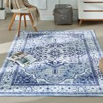 BRICHOEE Vintage Washable Area Rug 4x6 Feet Blue Low-Pile Indoor Floral Print Carpet Non Slip Printed Boho Vintage Rugs for Living Room