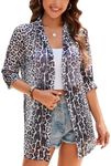 iClosam Women Casual 3/4 Sleeve Sheer Open Front Kimono Dressy Cardigan Summer Leopard Print Tops Beach Cover Ups