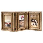 Emfogoo Photo Frame 6x4 Rustic Wood Hinged Folding Triple Picture Frames with Double Sided Display Rotating, High Definition Glass Multi Picture Frame Vertically on TableTop (Rustic Brown)