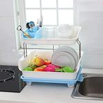 SmartSlide Plastic 2 Tier Dish Drainer Rack with Detachable Tray and Spoon Knife Cutlery Holder, Utensil Drying Rack Washing Basket with Tray for Kitchen (16L X 13W X 15H Inch)