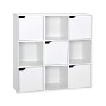 Meerveil Bookcase White, 9 Cube Storage Unit, 3-Tier Bookshelf with 5 Doors, Wooden Shelf Organiser Display Cabinet for Living Room, Bedroom, Home Office, 90 x 30 x 90 cm