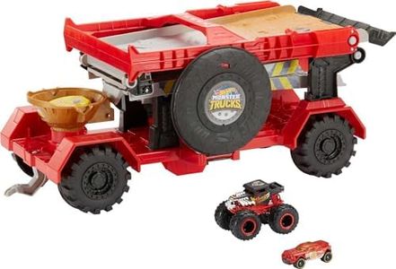 Hot Wheels Monster Trucks, Transporter And Racetrack, Includes 1:64 Scale Bone Shaker Monster Truck And 1:64 Die-Cast Toy Car