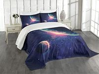 Ambesonne Galaxy Bedspread, Outer Space Theme Planet Earth Mars in Space Discovery of Universe Astronomy Art, Decorative Quilted 3 Piece Coverlet Set with 2 Pillow Shams, Queen Size, Navy Blue Pink