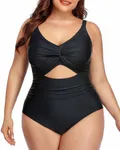 Daci Women Black Plus Size Cutout Swimsuits One Piece Tummy Control Bathing Suits V Neck Monokini 14W