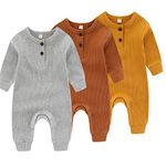 Newborn Baby Boys Girls One Piece Romper With Mitten Cuffs 3 Pack Long Sleeve Ribbed Button Jumpsuit Outfit Clothes gray+tan+yellow 18 months