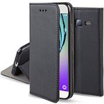 Moozy Case Flip Cover for Samsung J3 2016, Black - Smart Magnetic Flip Case Flip Folio Wallet Case with Card Holder and Stand, Credit Card Slots, Kickstand Function