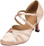 Minishion Women's Closed Toe Dance Heels Comfortable Ballroom Dancing Pumps L117A Nude 7.5cm Heel US 10