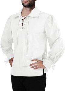 Mens Medieval Pirate Shirt Viking Renaissance Lace up Mercenary Halloween Scottish Jacobite Ghillie Tops, 01 White, Large