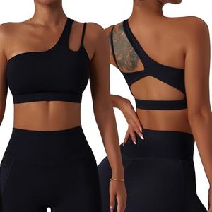 SEAUR One Shoulder Yoga Bandeau Bra for Women Backless Asymmetrical Workout Sports Bralette Fitness Gym Tube Top Bra with Removable Chest Pads, Black, L