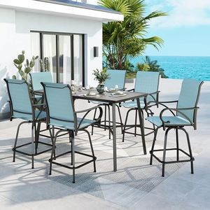 MFSTUDIO Patio Bar Set of 7 with 1 Heavy Duty Metal Slat Bar Table with 6 Pieces Sling Outdoor Bar Height Stool, Turquoise Blue