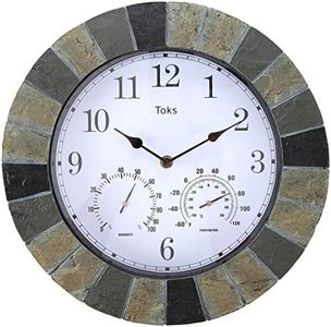 Lily's Home Hanging Wall Clock, includes a Thermometer and Hygrometer and is Ideal for Indoor and Outdoor Use, Faux-Slate (14 Inches)