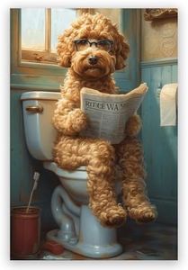 Funny Bathroom Wall Art Goldendoodle on toilet Reading newspaper Humor Animal Poster Picture Canvas Print For Dog Lovers Restroom ideas Decor 16x24inch Unframed