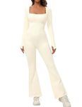 AFFA Jumpsuits for Women long Sleeve Square Neck Bodysuit Wide Leg One Piece jumpsuit Full Length Bodycon Romper Playsuit(Beige,M)